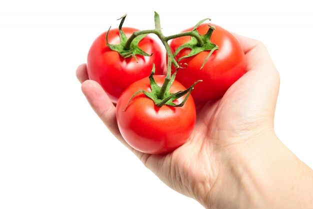 Three red tomatoes in a man's hand