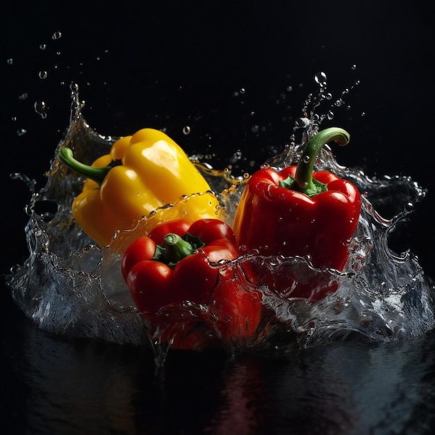 Three red and yellow peppers are being splashed in the water.