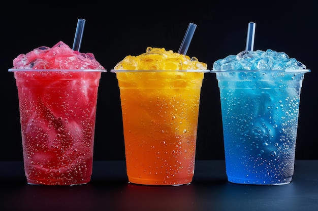 Three Refreshing Iced Drinks in Plastic Cups