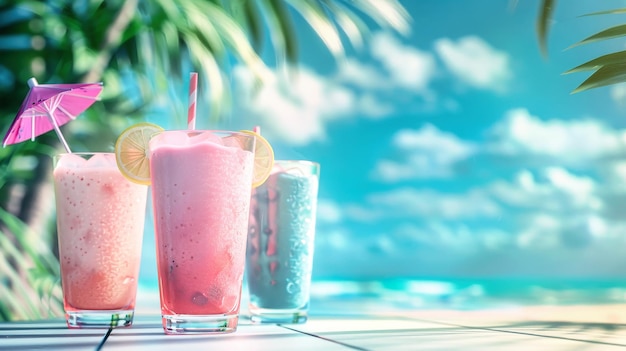 Three refreshing smoothies stand on a beachside table ready to quench your thirst A small umbrella adorns one of the drinks creating a pictureperfect tropical escape