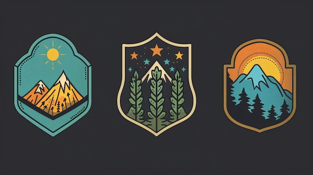 Three retrostyle mountain logos in a shield shape with the sun stars and a sunset