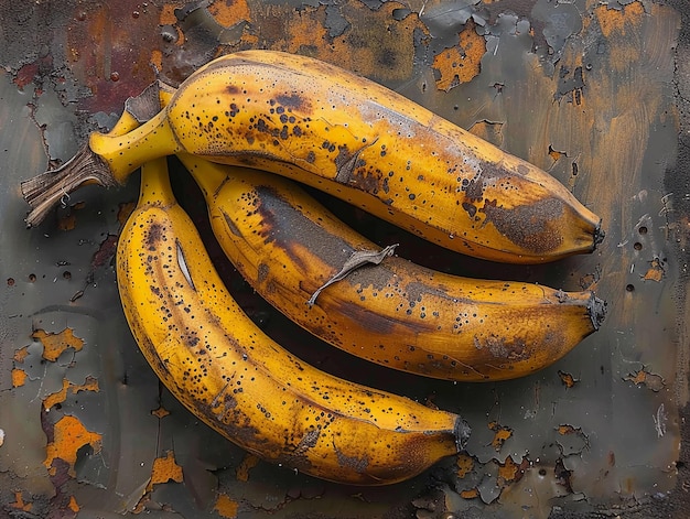 Three Ripe Bananas with Dark Spots on Black Background