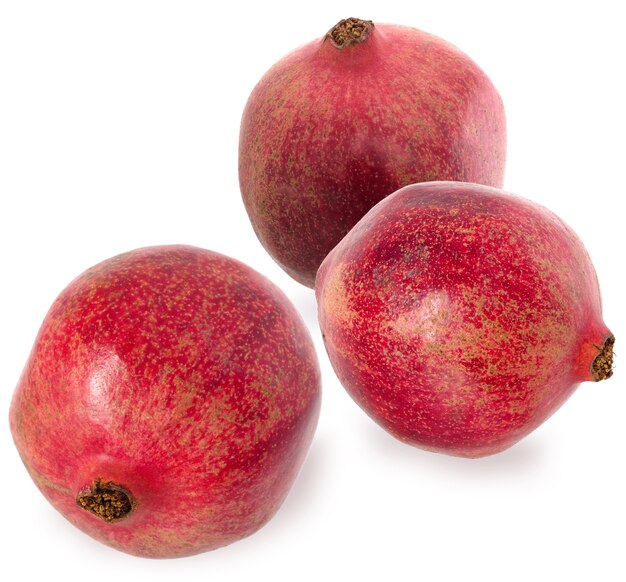 Three ripe red granet. Set fruits of red ripe pomegranate on the White Background. Vegetarian Concept.