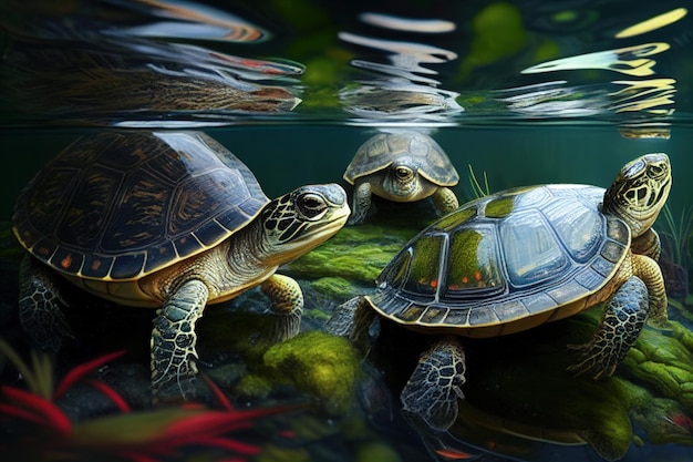 Three river turtles swim in the pond during the day Generative AI