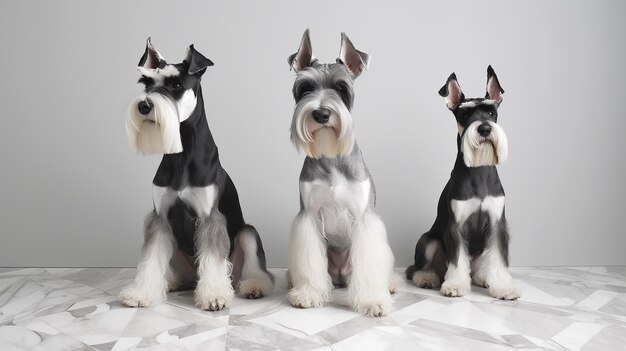 Three rizen schnauzers on a minimalistic background Generative AI