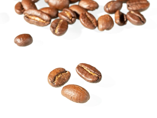 Three roasted coffee beans in the foreground and a bunch of coffee beans in the background on a white background