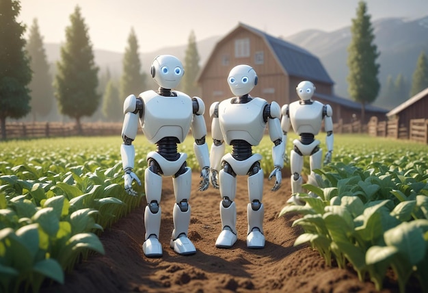 three robots are standing in a field with one of them has the words robot on it