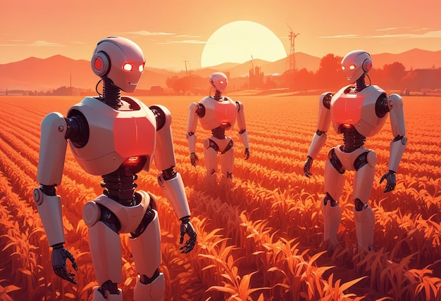 three robots are standing in a field with the sun behind them