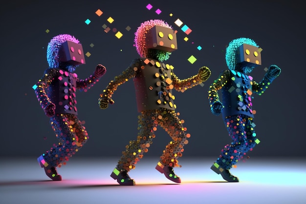 Three robots are walking in a dark room with a glowing light on the left side.