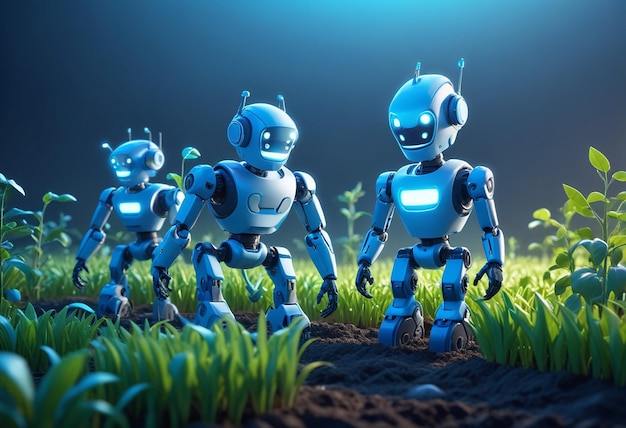 three robots in a field of grass with one that says robot