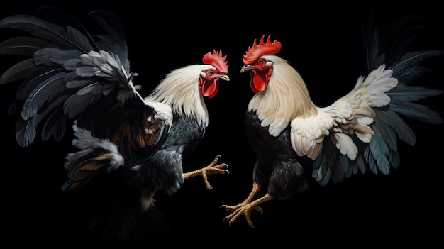 Photo three roosters are shown in a black background