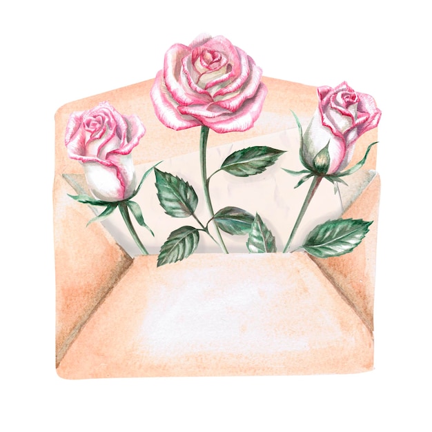 Photo three roses in a vintage envelope in watercolor illustration for greeting cards congratulations