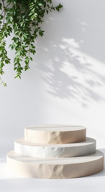 Three round podiums with natural texture on a white background with shadows and green leaves