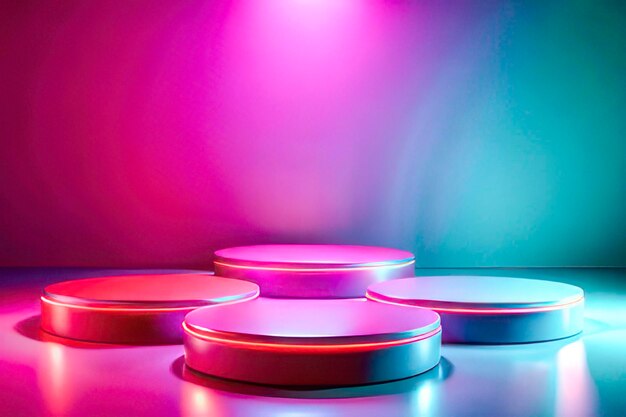 Photo three round white tables with purple and red lights and one with a purple background