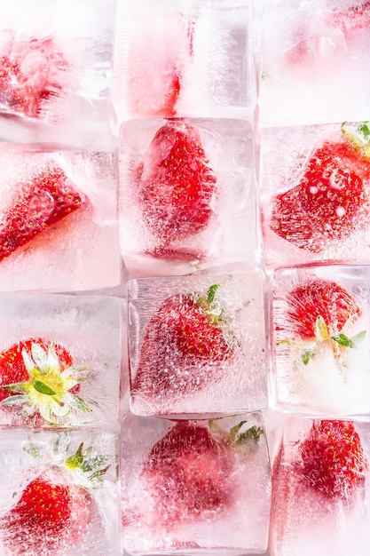 Three rows of ice cubes with strawberries Top of view