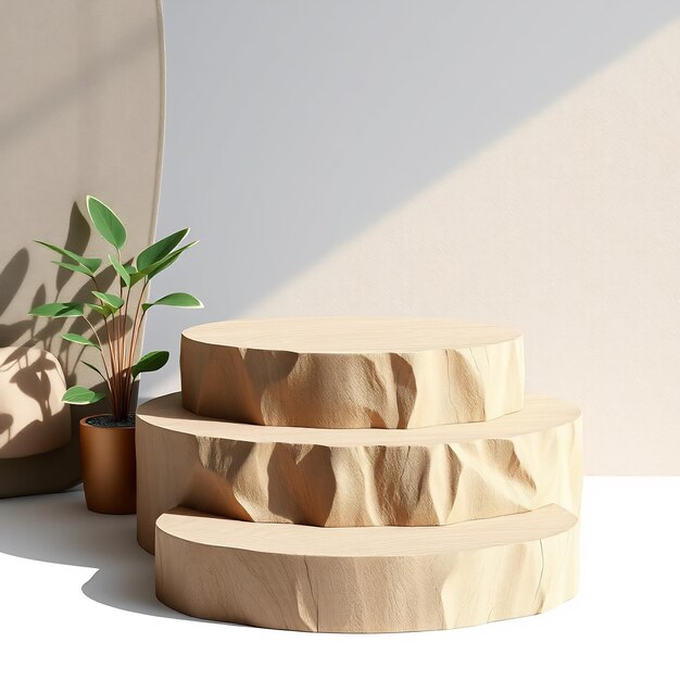 Photo three rustic wooden podiums with a plant on a white background