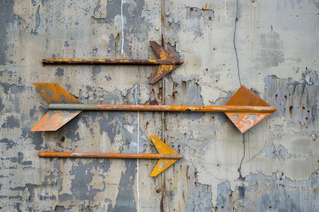 Photo three rusty orange arrows pointing right on a grunge wall background