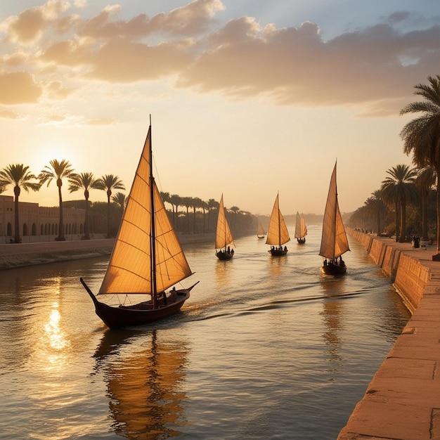 Photo three sailboats are sailing in the water with palm trees in the background