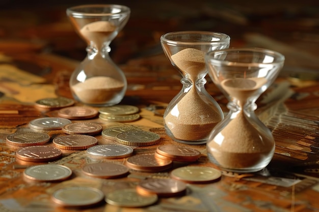 Three sand timers are on a table with a pile of coins