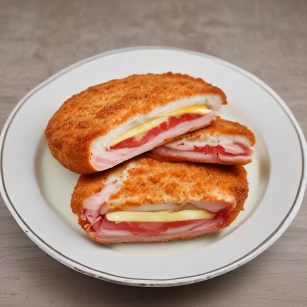 three sandwiches on a plate with cheese and ham