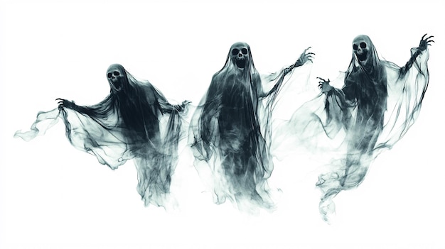 Photo three scary ghosts flying and screaming with their mouths open