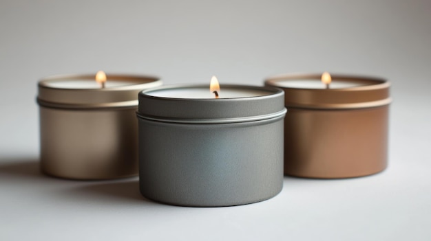 Photo three scented candles in metal tins