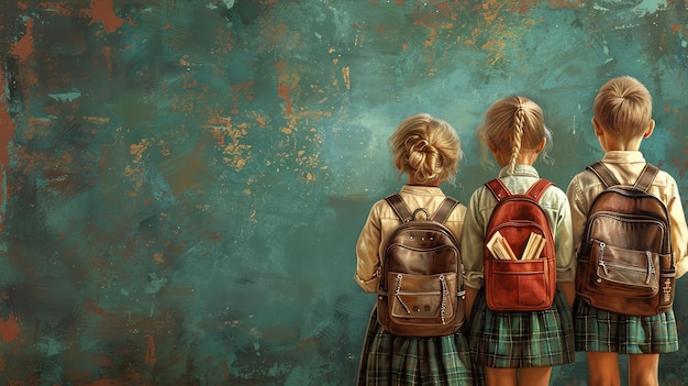 Three schoolgirls with backpacks standing in front of a textured wall