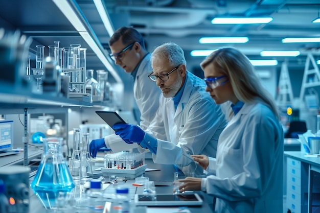 three scientists are working in a lab with a blue lab coat