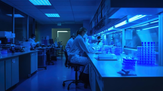 Photo three scientists in lab coats are working in a lab with a blue light