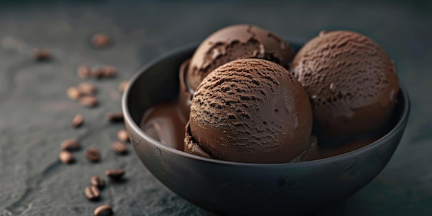 Three scoops of chocolate ice cream in a bowl