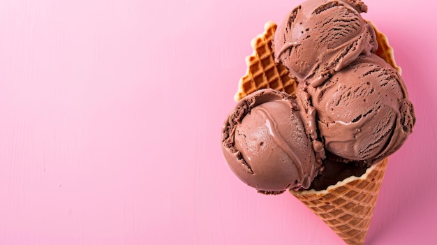 Three scoops of chocolate ice cream nestled in a waffle cone against a pink background