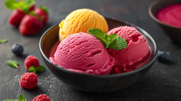 Three scoops of colorful berry sorbet in a black bowl garnished with fresh mint and surrounded by various berries