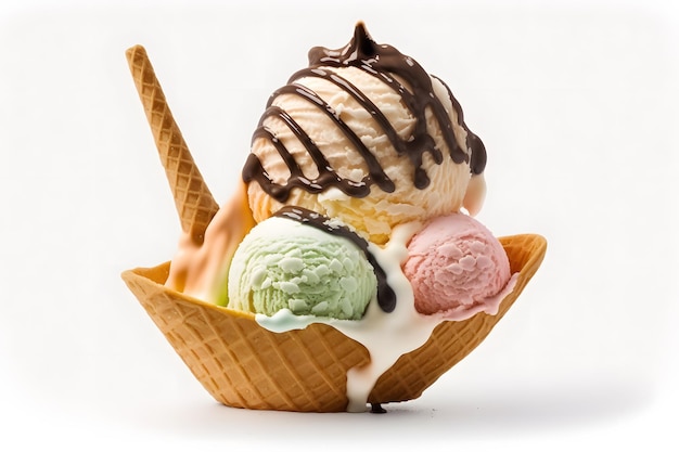 Three scoops of ice cream in a waffle cone Generative AI