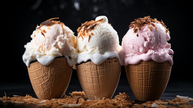 Three scoops of tropical coconut ice cream showcased in a closeup realistic photo against a white