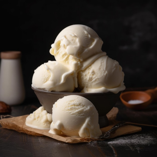 Three scoops of vanilla ice cream are stacked on a table.