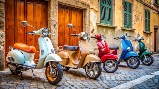 Photo three scooters are parked on a cobblestone street