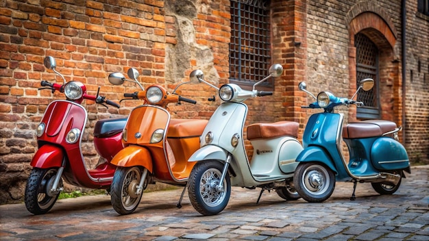 Photo three scooters are parked next to each other one has a red seat