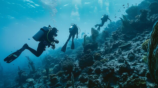 Three scuba divers explore a coral reef The divers are in the foreground and the reef is in the