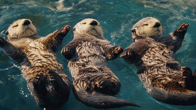 Photo three sea otters floating on their backs in the ocean