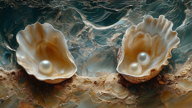 three seashells are on a wave with one being pearl