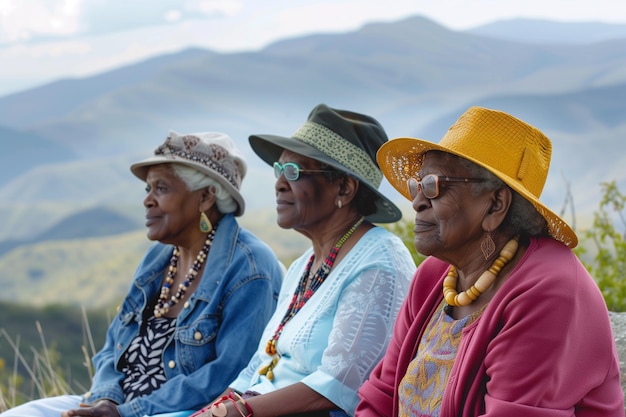 three senior black women sitting on a mountainside back view of old ladies relaxing