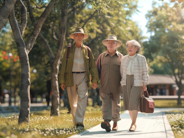 Three seniors walk together on a sunny day in a park