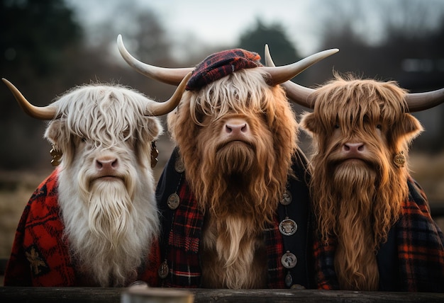 three shaggy haired cows wearing tartans and plaid jackets generative ai