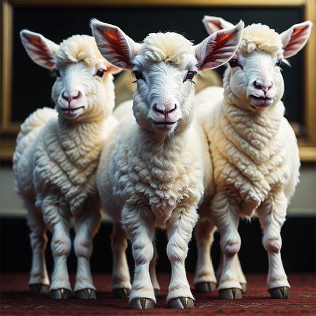 Three sheep are standing next to each other with a gold frame behind them.