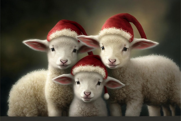 Three sheep wearing santa hats standing next to each other generative ai