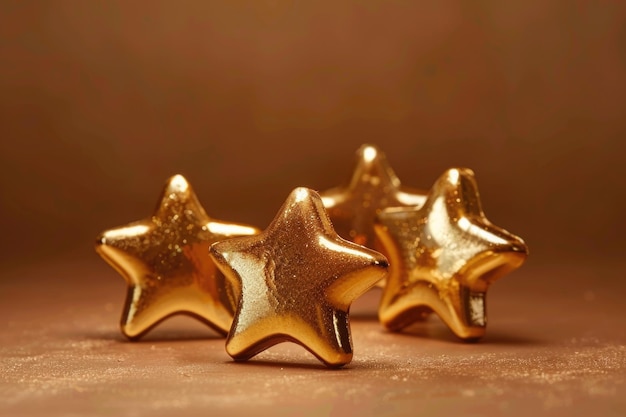 Three shiny gold stars sit on top of a table making a decorative display