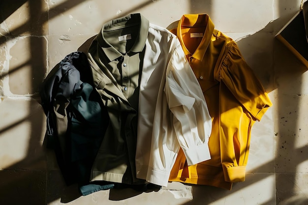 Photo three shirts laid out on a tile floor fashion photography