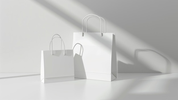 Photo three shopping bags are shown with shadows on a white background