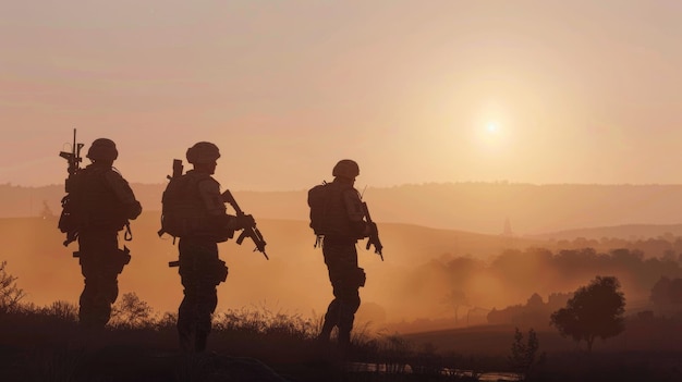 Three silhouetted soldiers with rifles navigate a dusty terrain at dusk embodying military camaraderie and the quiet determination of a mission