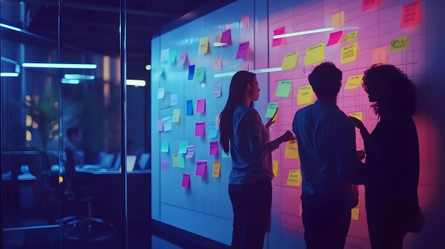 Photo three silhouettes discussing a project on a wall covered in postit notes